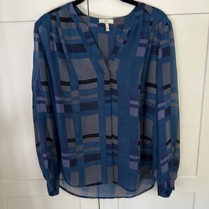 Joie Navy Blue Geometric Long Sleeve Button Up Blouse Sheer Silk
